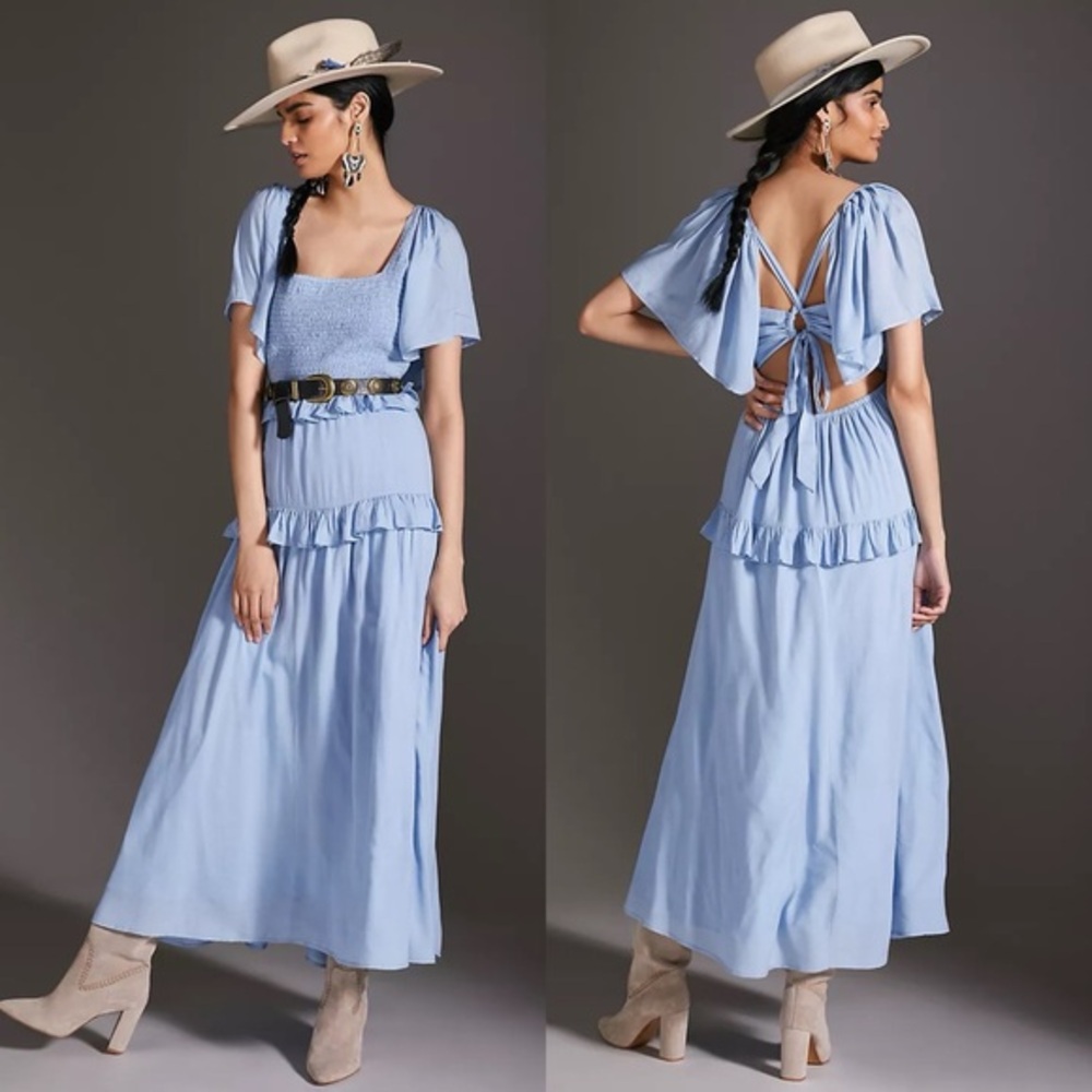 Anthropologie Forever‎ That Girl Light Blue Flowy Tiered Ruffled Maxi Dress